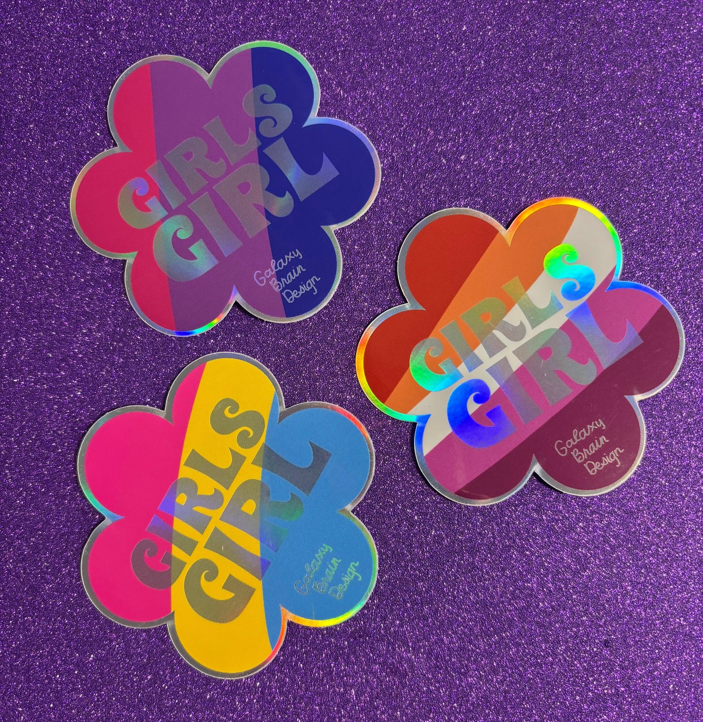Girls Girl Stickers in Lesbian, Bi, and Pan Colorways