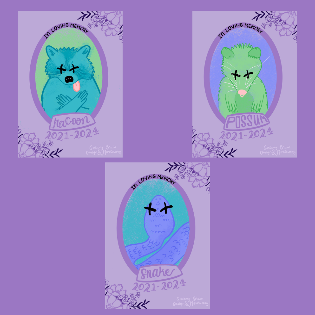 Road Kill Funeral Cards in Raccoon, Possum, and Snake
