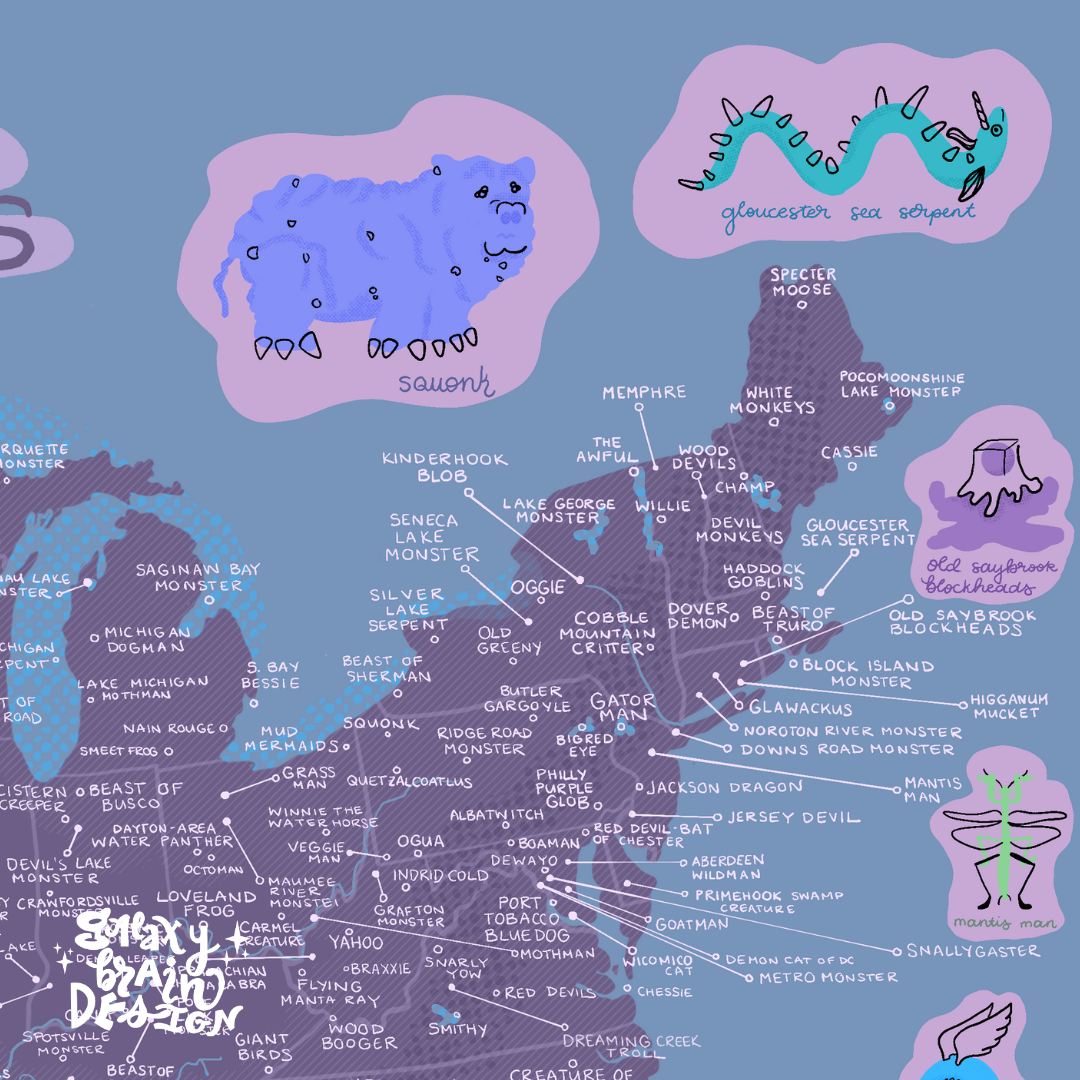 Cryptid Triangle Design Mid-Century Map of American Cryptids – Galaxy Brain Design