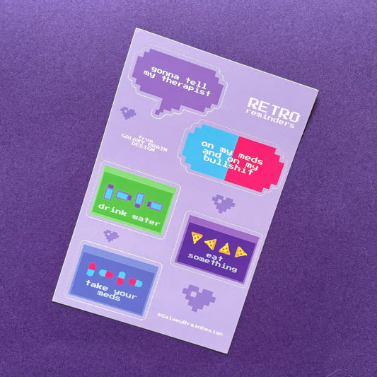 Retro Reminders Holographic Sticker Sheet | Meds, Water, Food, + Therapy